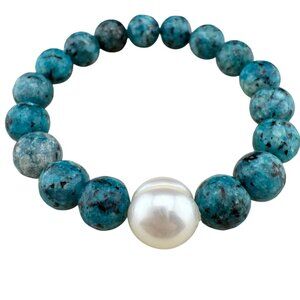 Blue Turquoise Bead Bracelet With White Freshwater Pearl Center Accent Elastic S